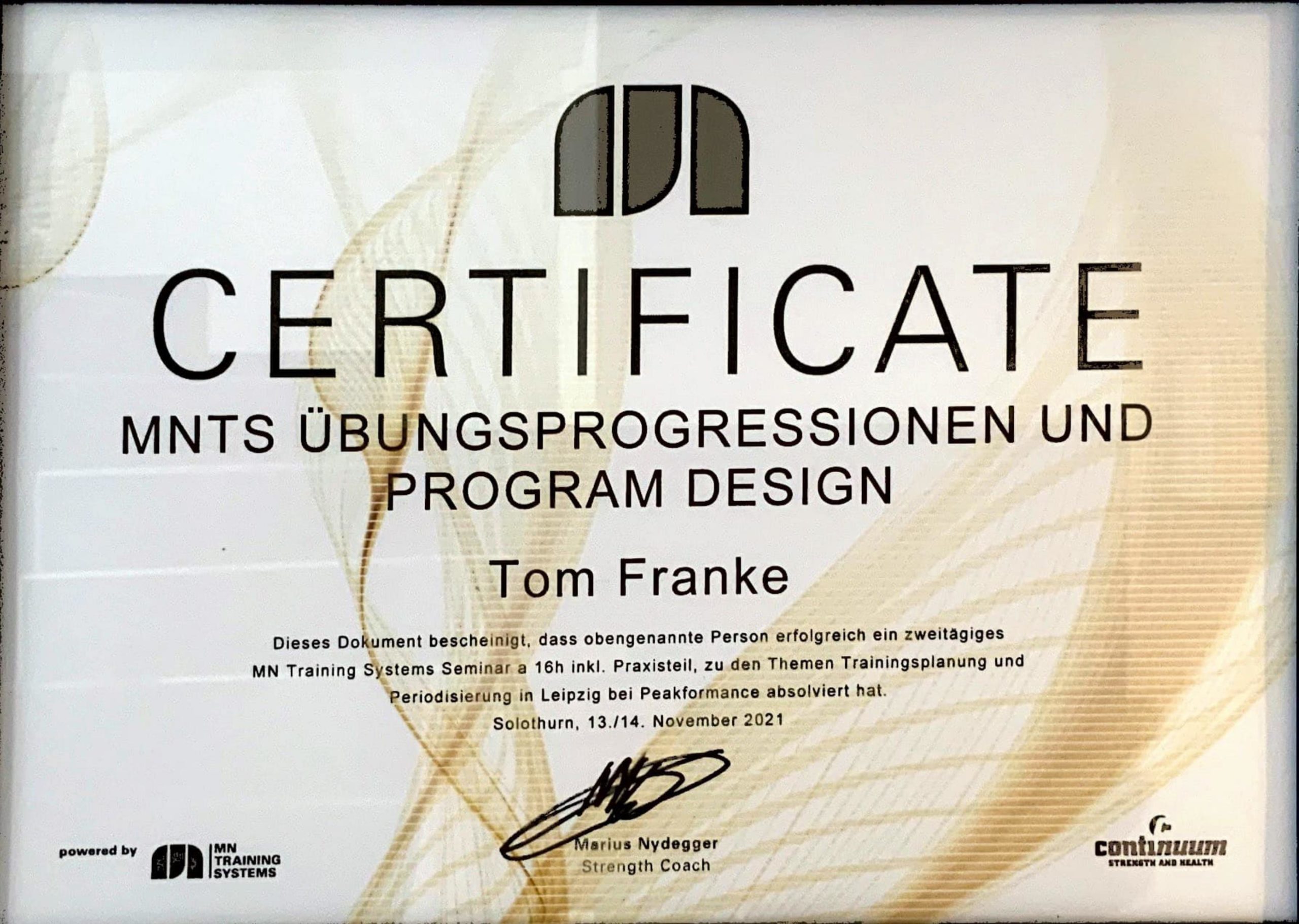 Tom Franke Zertifikat - Personal Trainer Leipzig