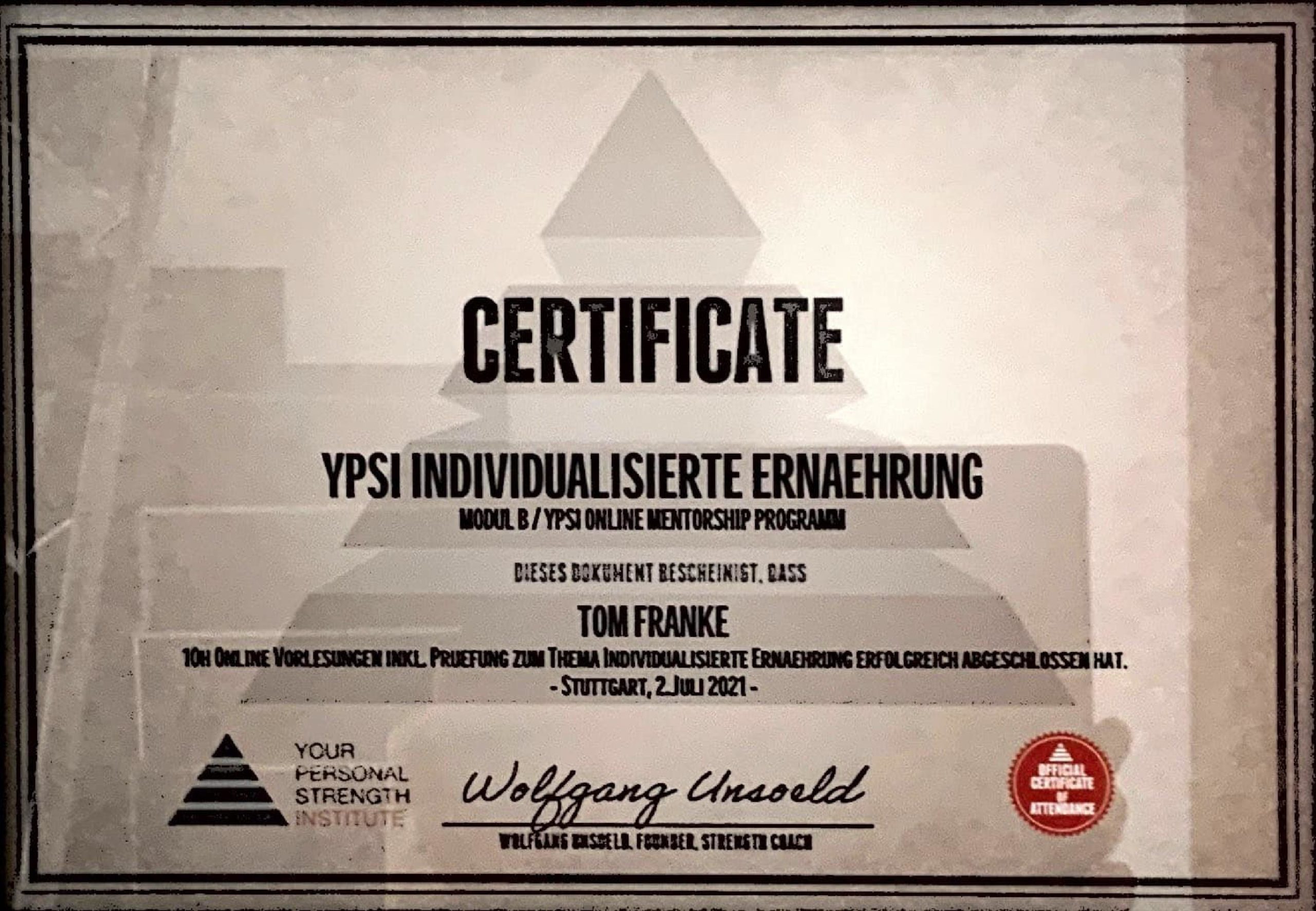 Tom Franke Zertifikat - Personal Trainer Leipzig